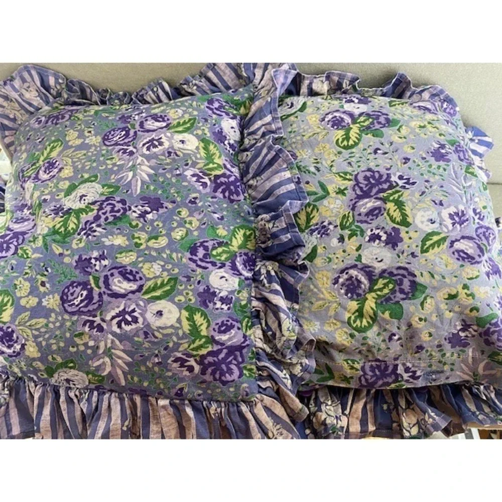 April Cornell Floral Ruffled Pillow Covers Purple‎ Green Cotton Set of 2 Vintage